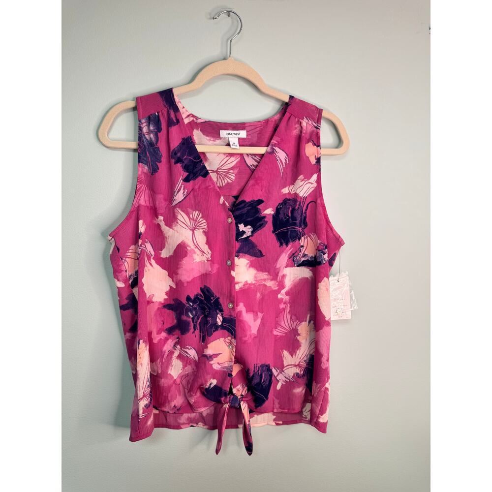 NWT! Nine West Button Down Tie Front Sleeveless Top- Floral - Medium